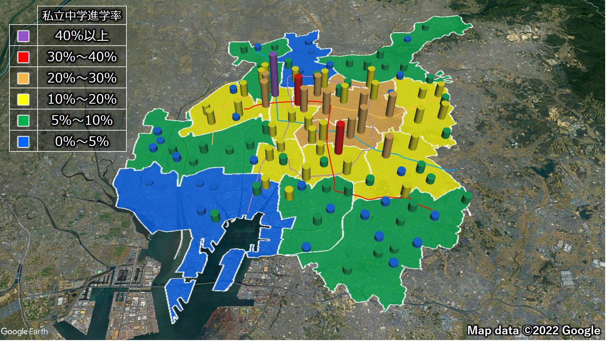 名古屋市における学区毎および各区の私立中学進学率