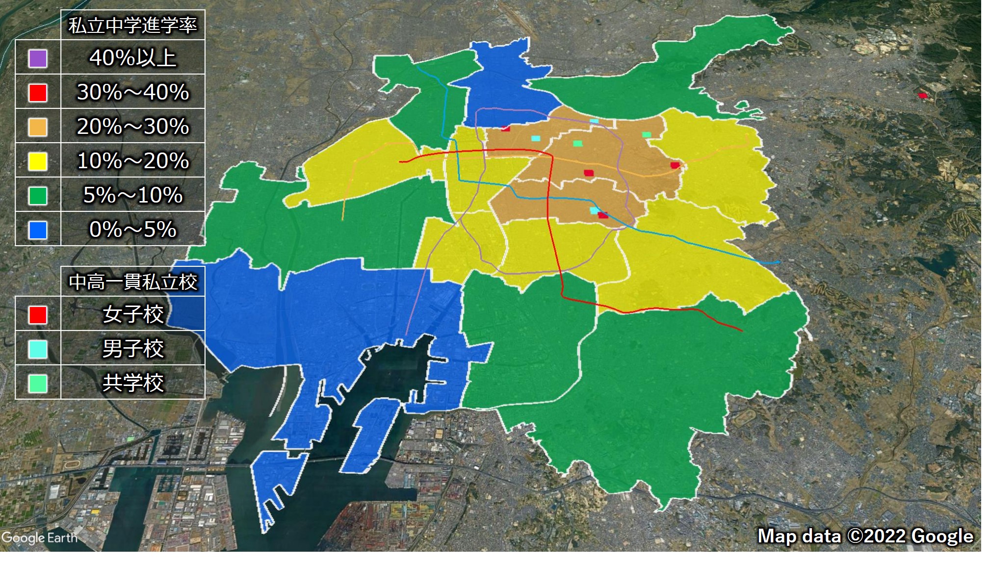 名古屋市における各区の私立中学進学率と私立中の所在地