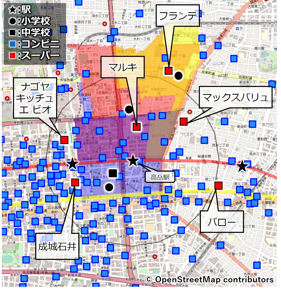 高岳駅周辺のコンビニマップ