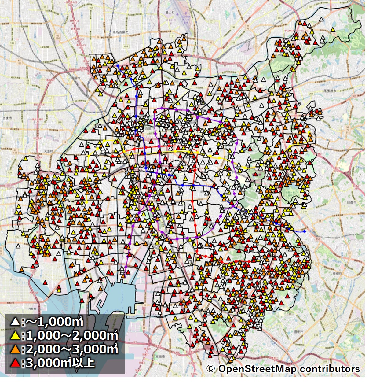 名古屋市内の市営公園の分布