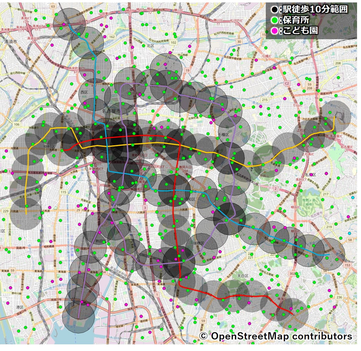 名古屋市営地下鉄沿線の保育所・こども園マップ