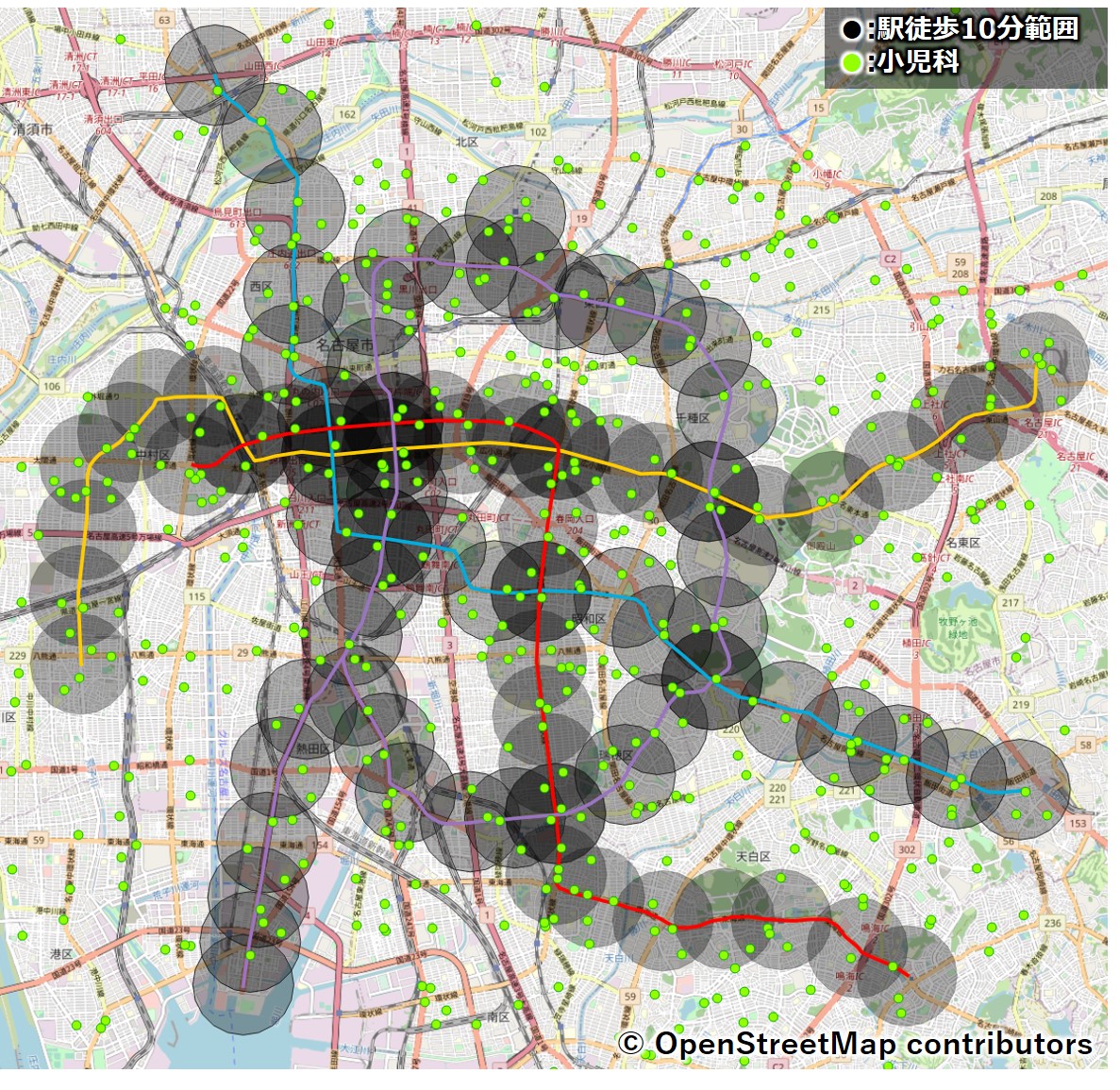 名古屋市営地下鉄沿線の小児科マップ