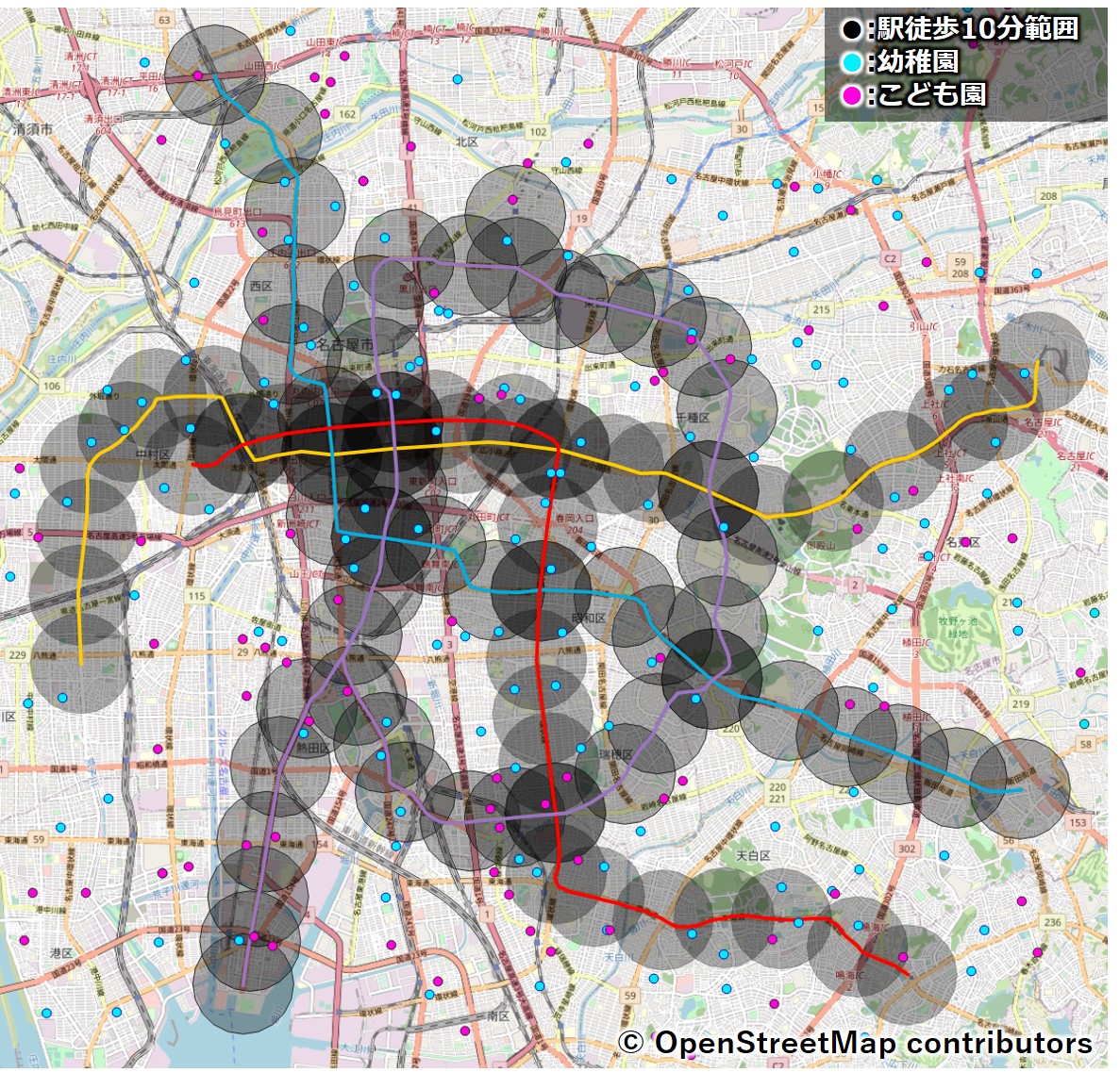 名古屋市営地下鉄沿線の幼稚園・こども園マップ